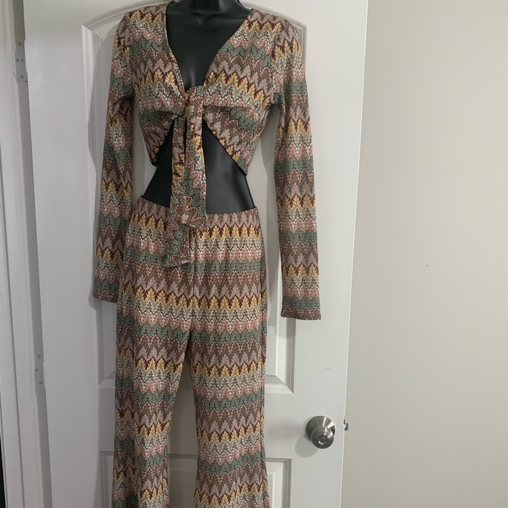 Matching tie top and flare pant